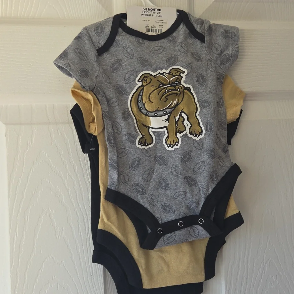 NCAA Bryant University Baby 0-3M, 6-9M Bodysuits 3pc 100% Cotton Bryant Bulldogs